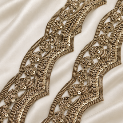 Ornate Wavy Zardozi Embroidered Lace Border with Floral Motifs & Sequin Detailing