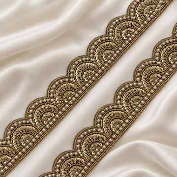 Ornate Fan-Shaped Scalloped Zardozi Embroidered Lace Border with Pearl & Sequin Detailing