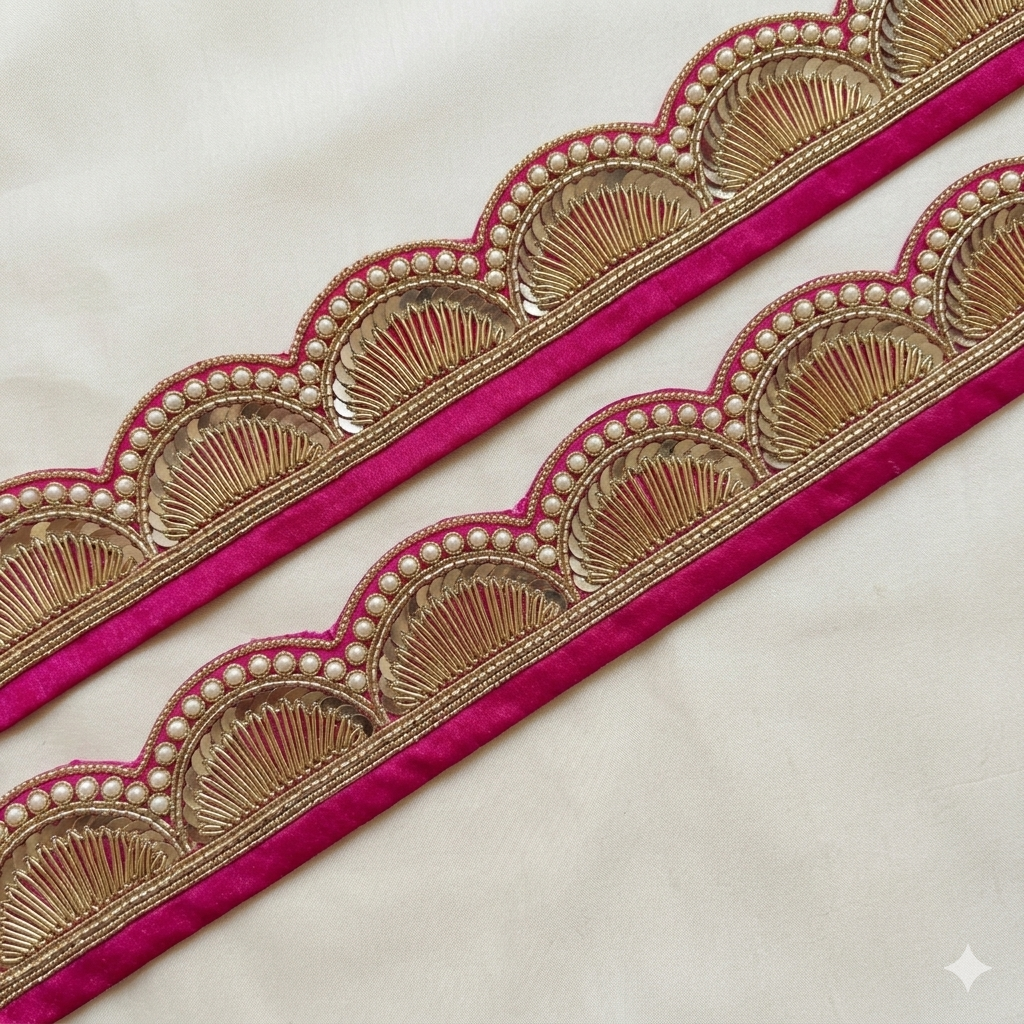 Handcrafted Zardozi Scalloped Lace Border with Pearl & Sequin Detailing