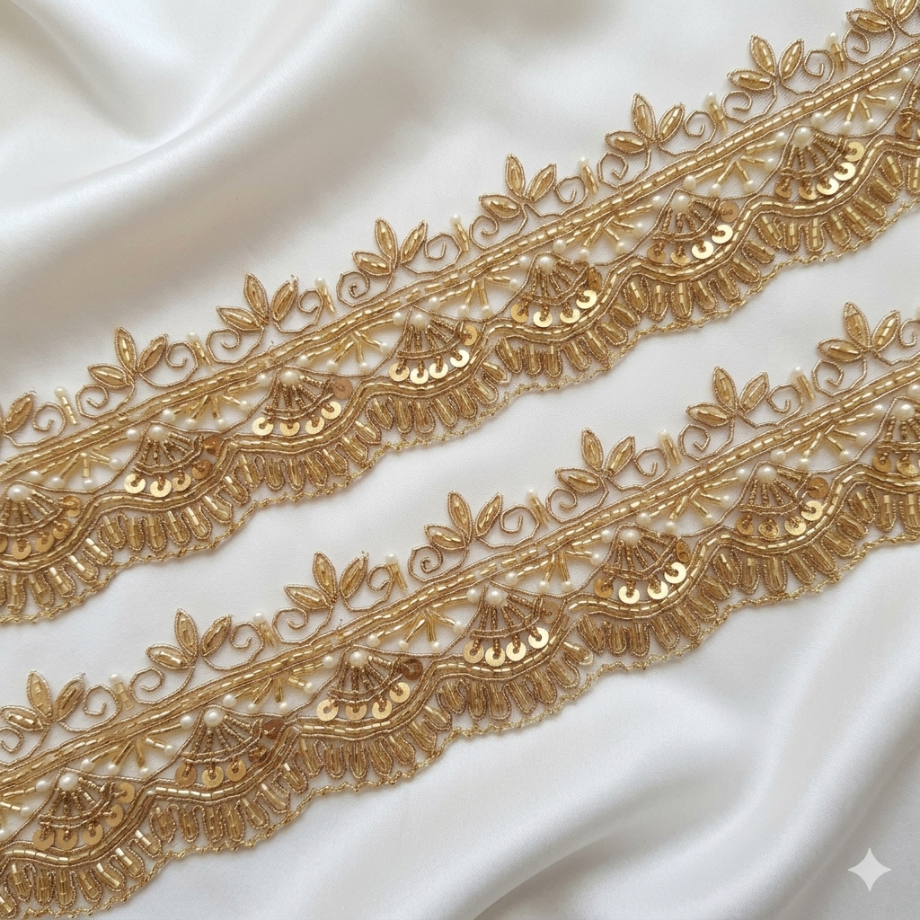 Handcrafted Scalloped Lace Border with Pearl & Sequin Detailing Trim