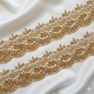 Handcrafted Scalloped Lace Border with Pearl & Sequin Detailing Trim