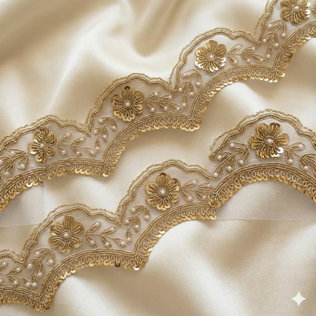 Scalloped Floral Lace Border with Sequin & Pearl Detailing