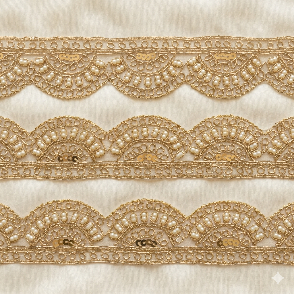 Scalloped Pearl & Sequin Lace Border for Bridal and Designer Wear