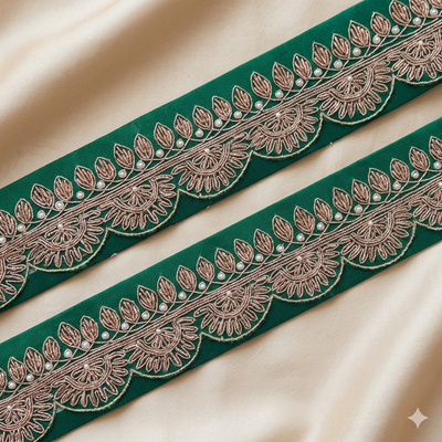 Green Base Scalloped Floral Lace Border with Pearl Detailing for Designer Wear