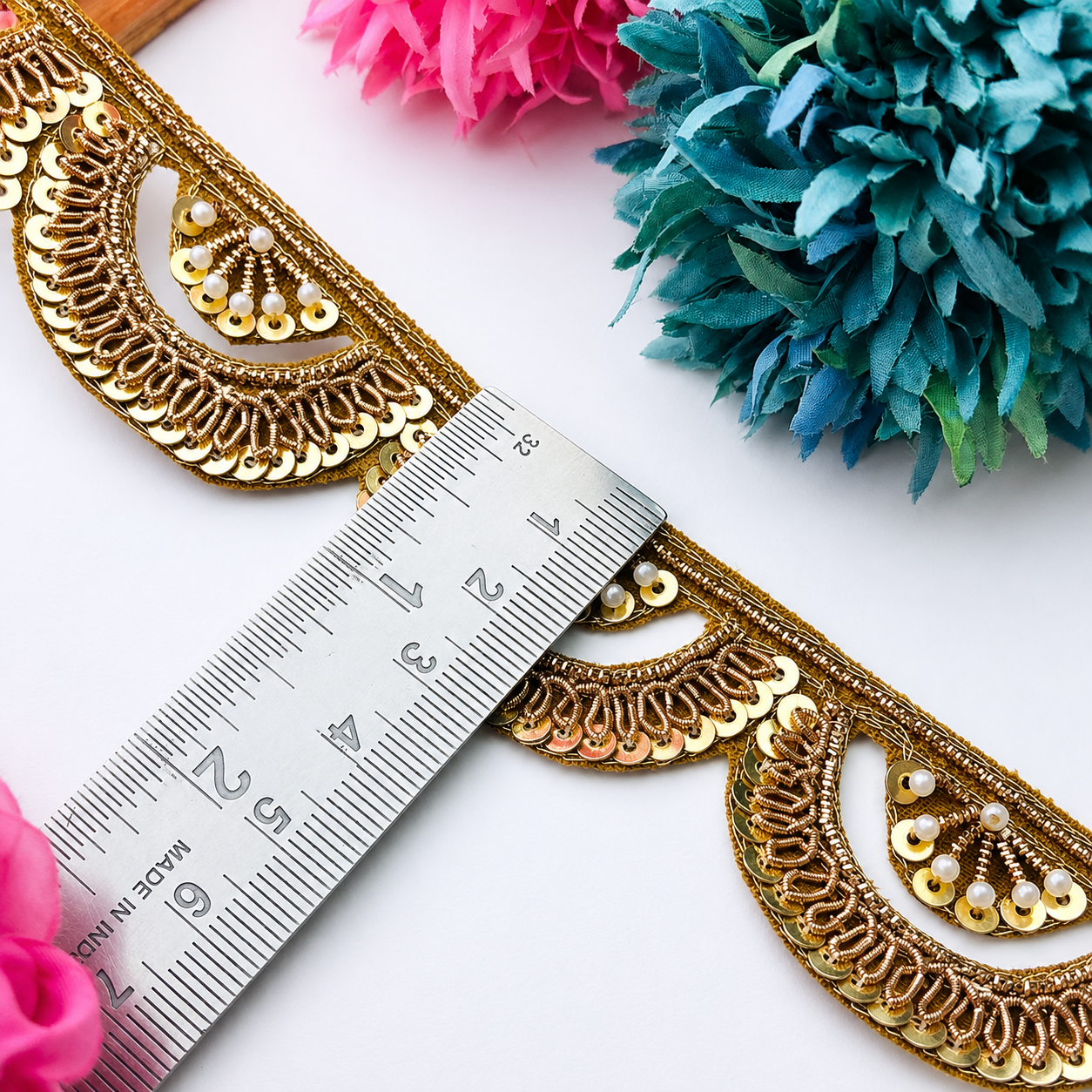 Zardozi Pearl and Sequin Crescent Scalloped Lace Border