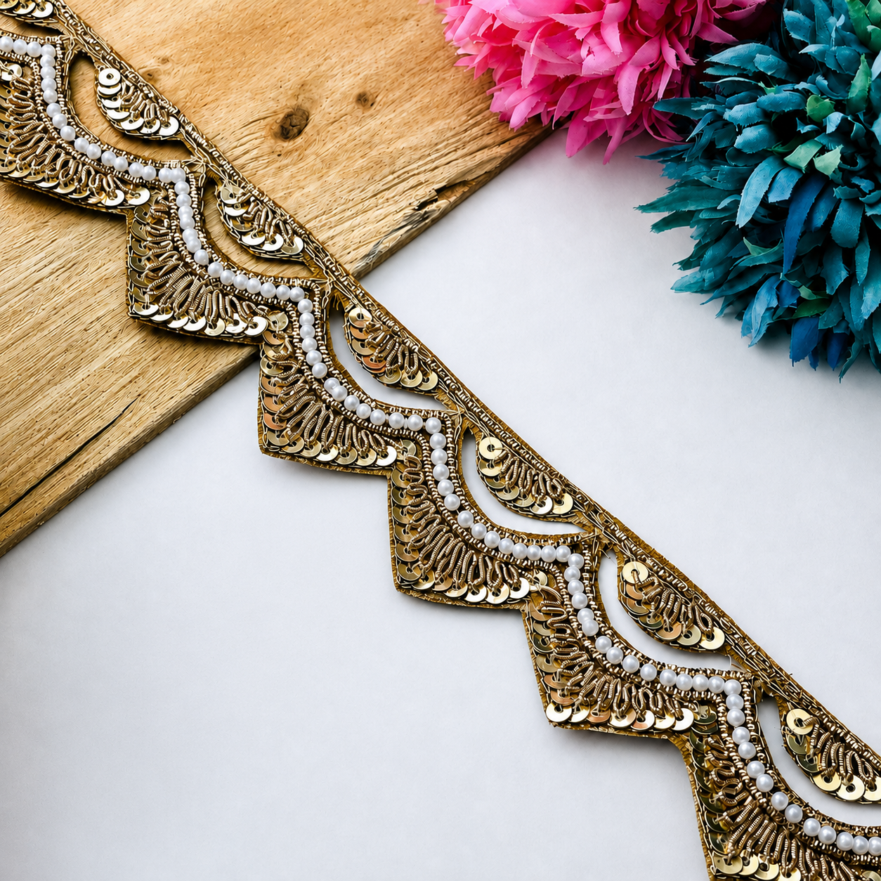 Zardozi Pearl and Sequin Layered Scalloped Lace Border