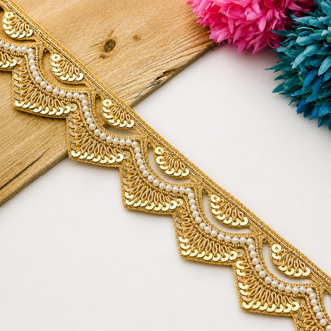 Zardozi Pearl and Sequin Layered Scalloped Lace Border