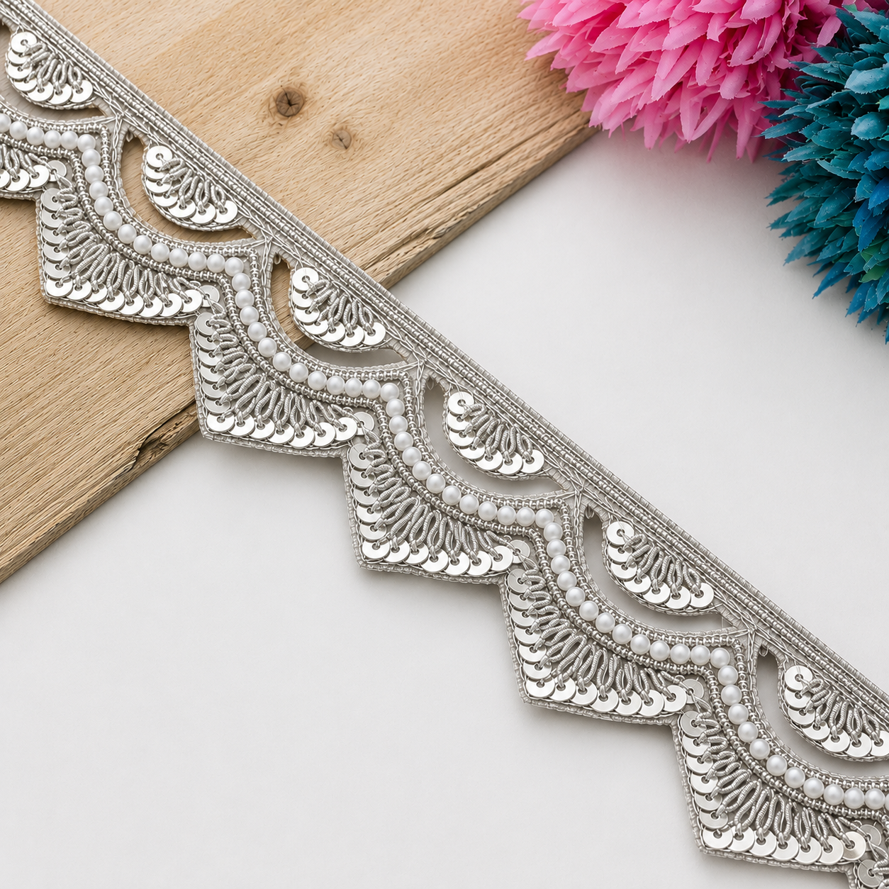 Zardozi Pearl and Sequin Layered Scalloped Lace Border