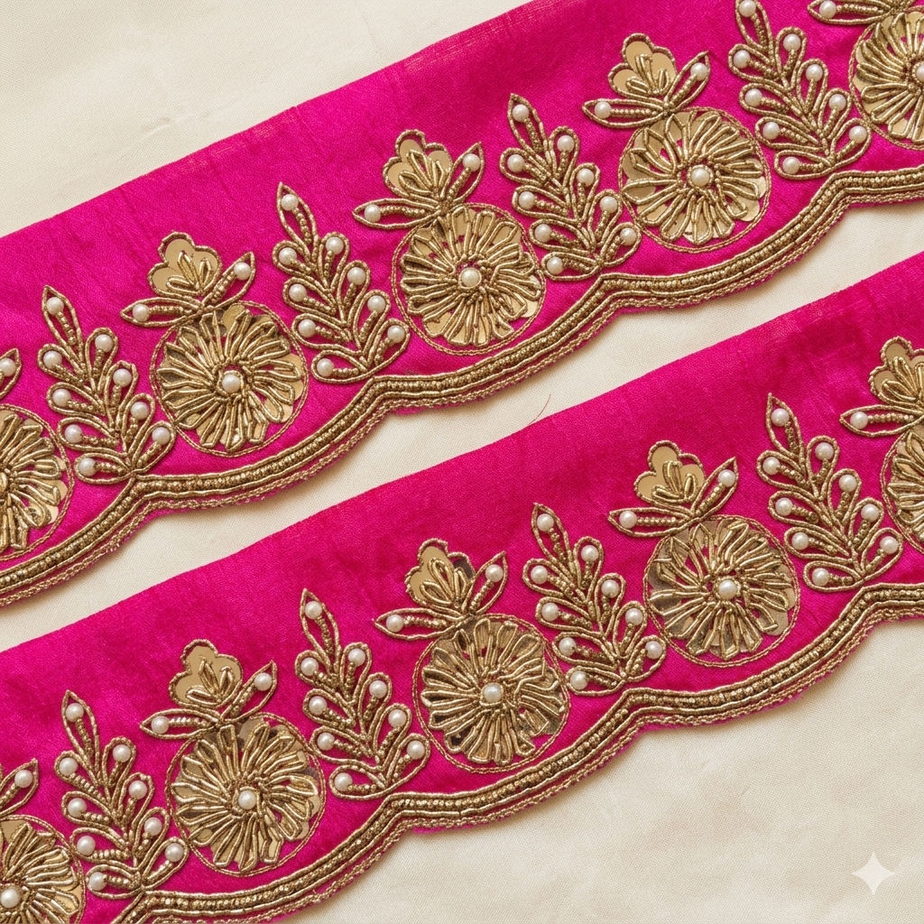 Fuchsia Pink Scalloped Floral Pearl Lace Border on Fabric Base