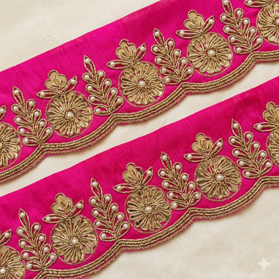 Fuchsia Pink Scalloped Floral Pearl Lace Border on Fabric Base