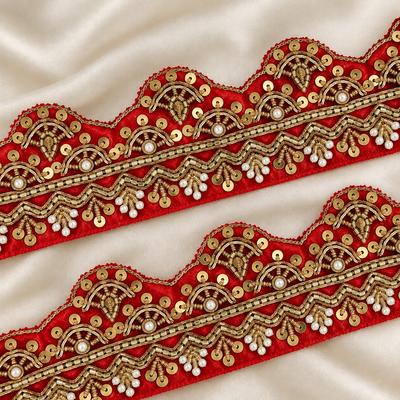 Ornate Scalloped Zardozi Embroidered Lace Border with Pearl, Sequin & Bead Detailing