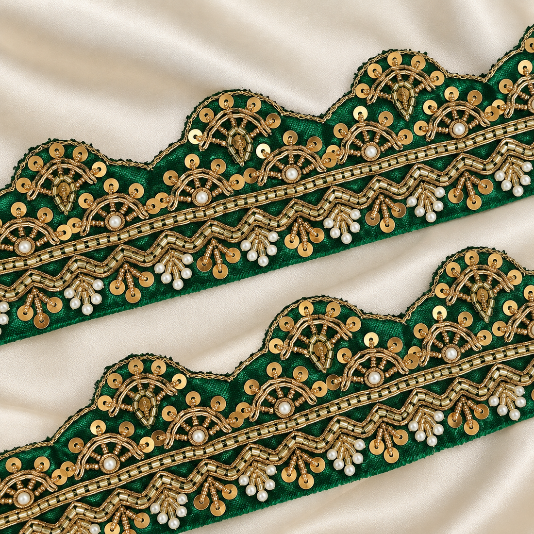 Ornate Scalloped Zardozi Embroidered Lace Border with Pearl, Sequin & Bead Detailing