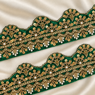 Ornate Scalloped Zardozi Embroidered Lace Border with Pearl, Sequin & Bead Detailing hover image