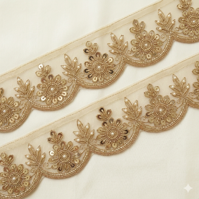 Scalloped Floral Lace Border with Sequin & Pearl Detailing for Designer Wear