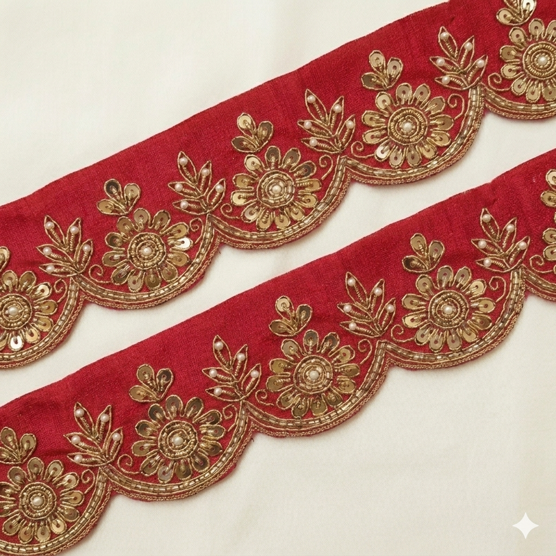 Scalloped Floral Lace Border with Sequin & Pearl Detailing for Designer Wear