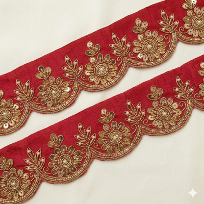 Scalloped Floral Lace Border with Sequin & Pearl Detailing for Designer Wear hover image