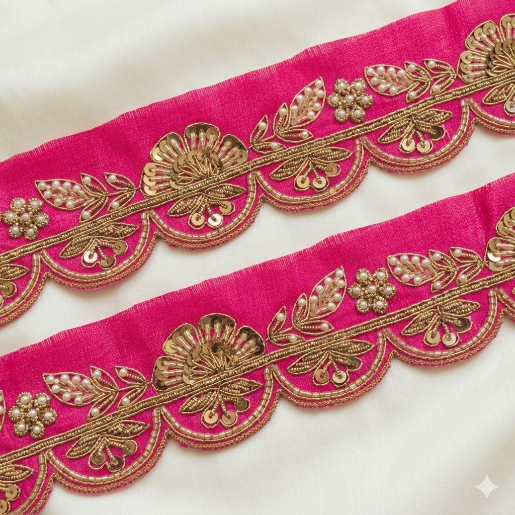 Designer Sequin Zardozi Scallop Trim with Floral and Leaf Motifs