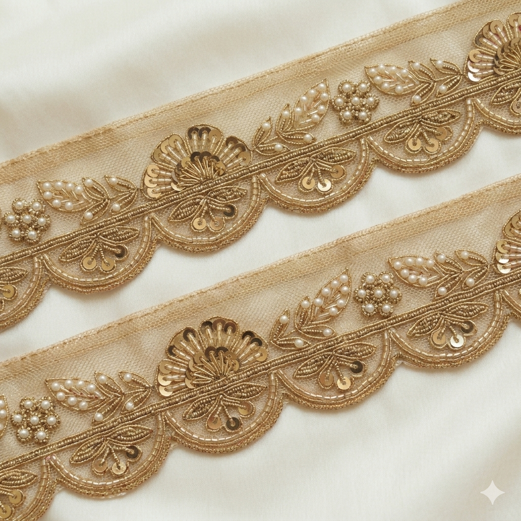 Designer Sequin Zardozi Scallop Trim with Floral and Leaf Motifs