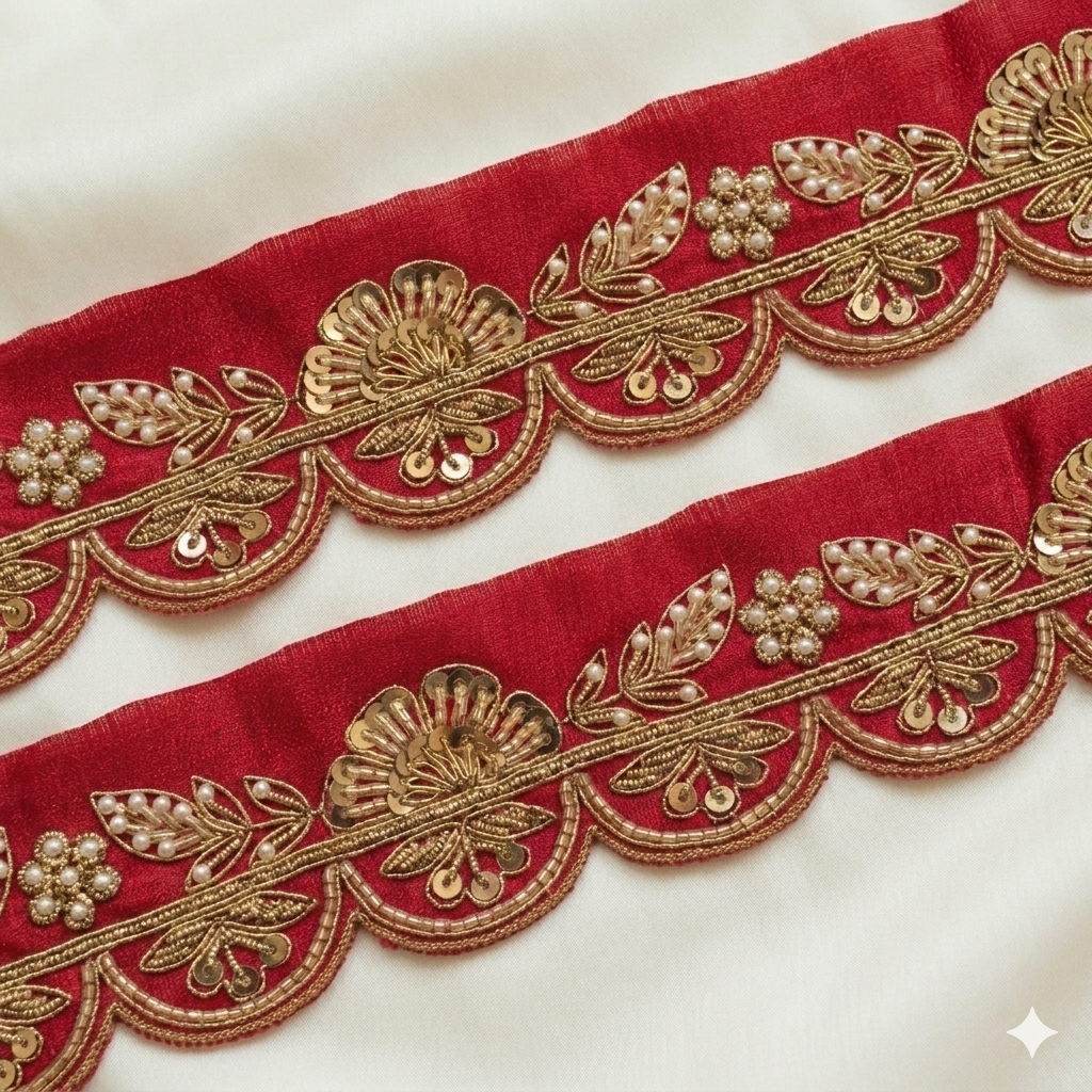 Designer Sequin Zardozi Scallop Trim with Floral and Leaf Motifs