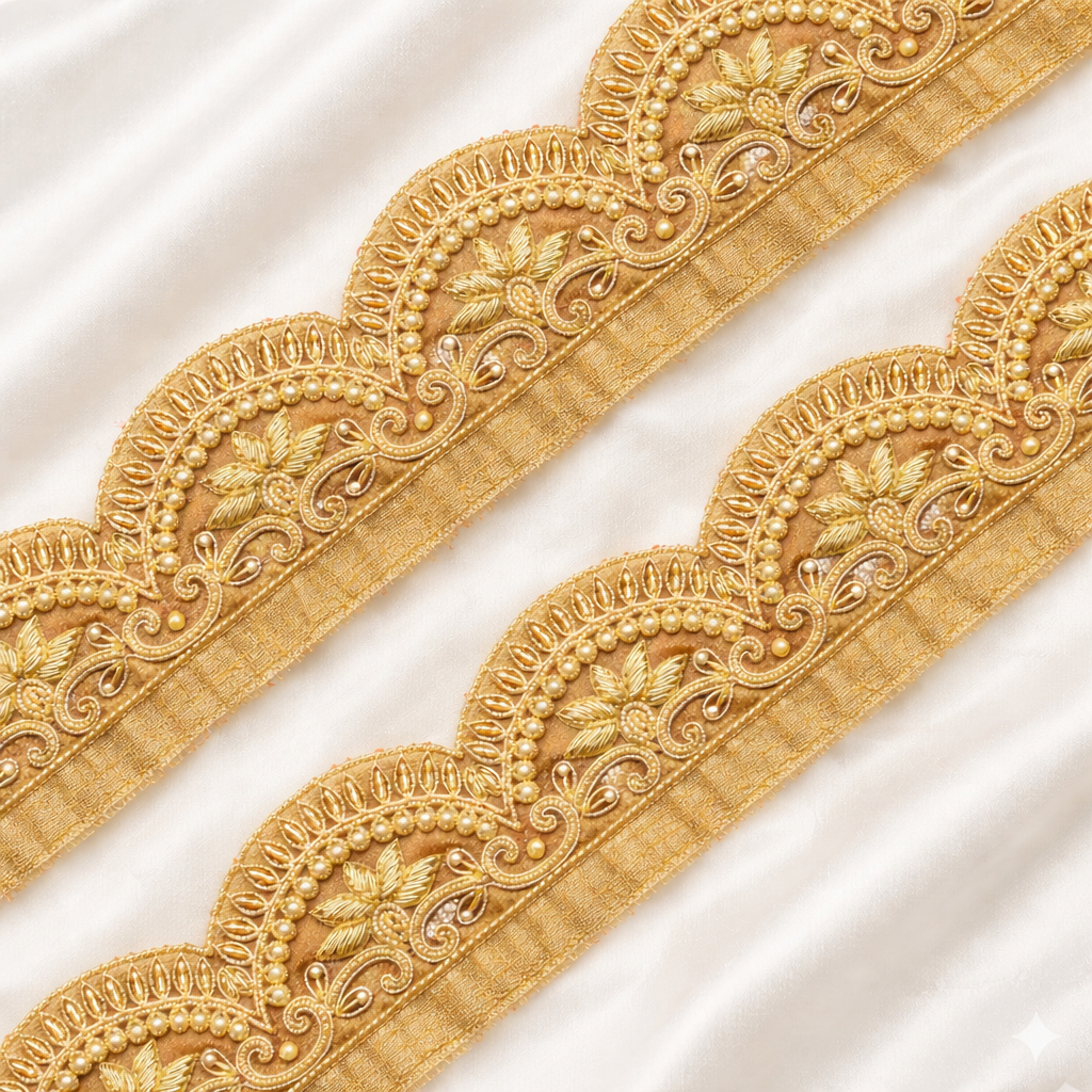 Scalloped Floral Lace Border with Intricate Zari Detailing for Designer Wear