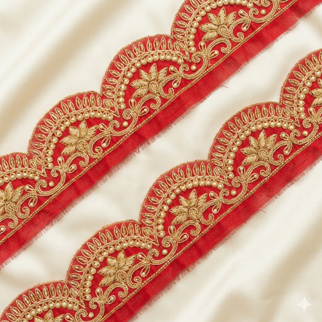 Scalloped Floral Lace Border with Intricate Zari Detailing for Designer Wear