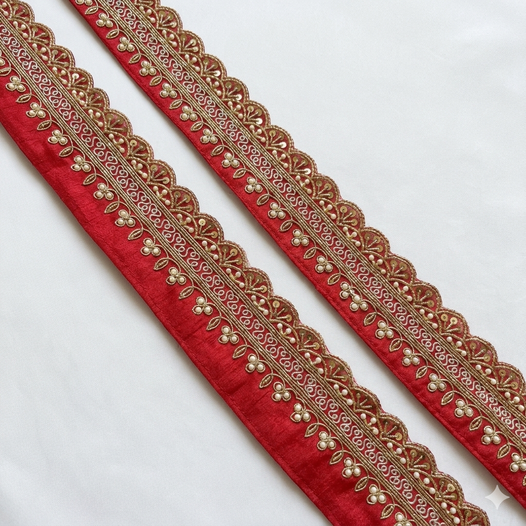 Floral Vine Lace Border with Pearl Detailing for Designer Wear