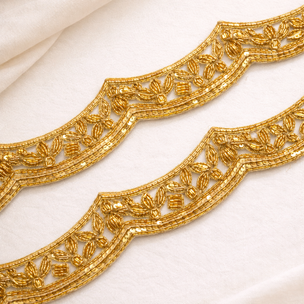 Gold Scalloped Beaded Floral Lace Trim – Handcrafted Designer Border
