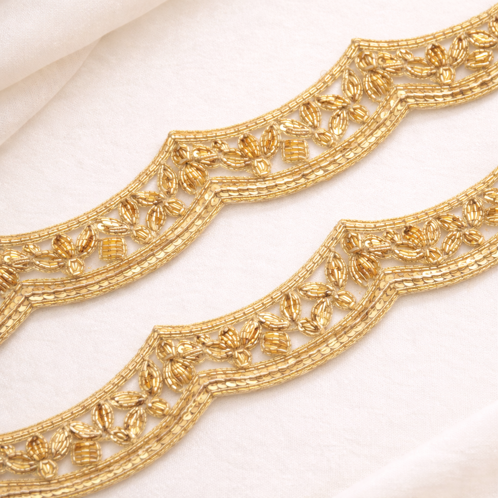 Light Gold Scalloped Beaded Floral Lace Trim – Handcrafted Designer Border