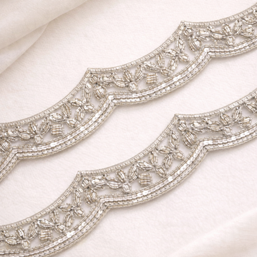 Silver Scalloped Beaded Floral Lace Trim – Handcrafted Designer Border
