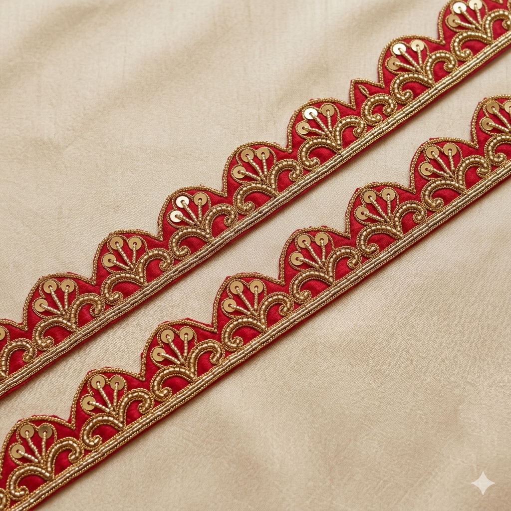Sequin Embroidered Scallop Border with Ornamental Vine Detailing
