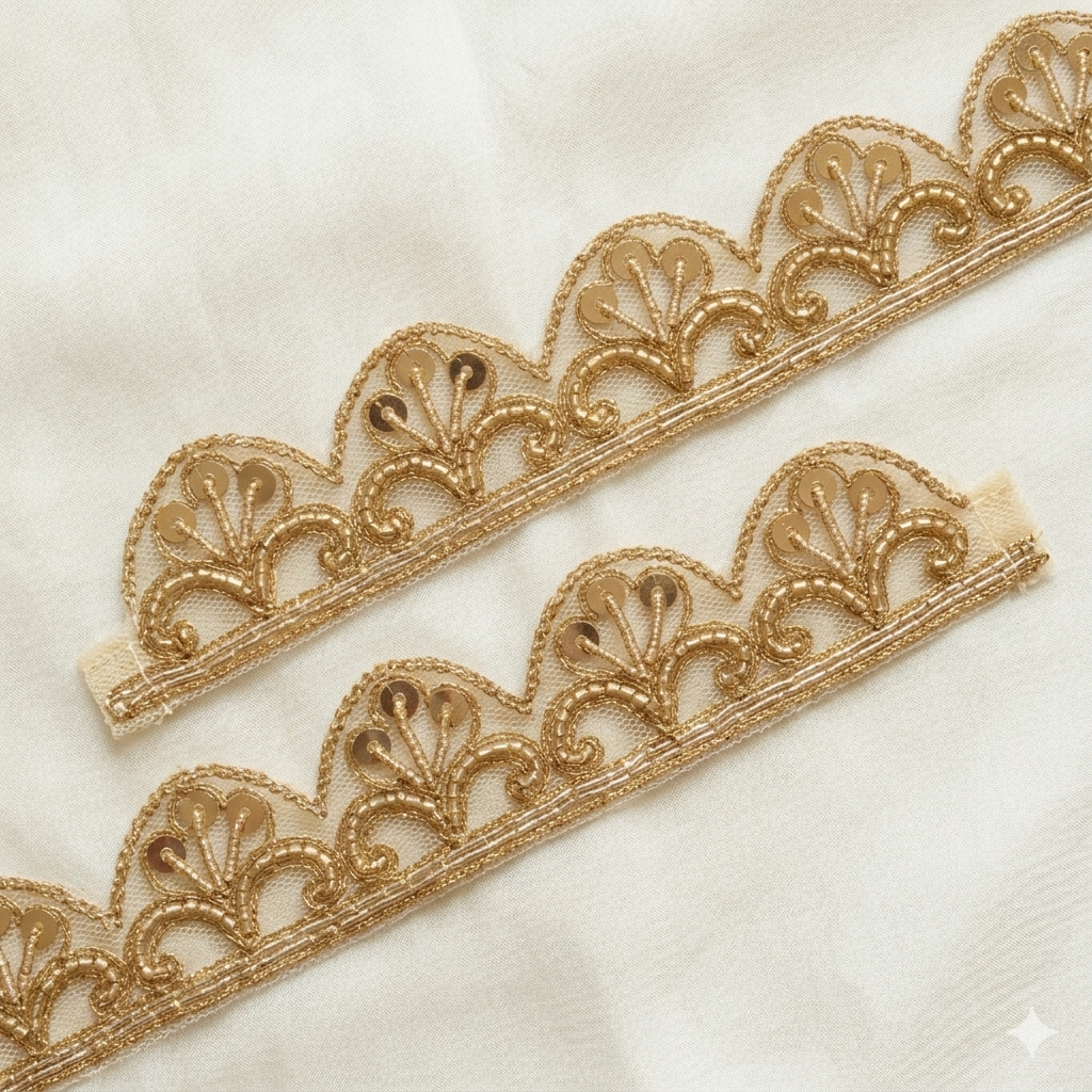 Sequin Embroidered Scallop Border with Ornamental Vine Detailing