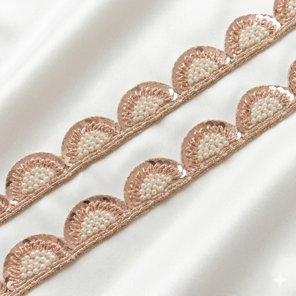 Pearl and Sequin Embellished Scallop Lace Trim for Designer Wear