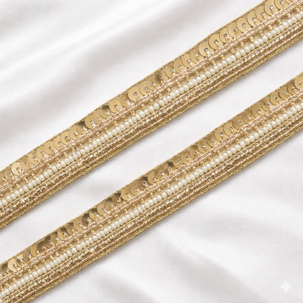 Champagne Gold Linear Sequin and Pearl Lace Border