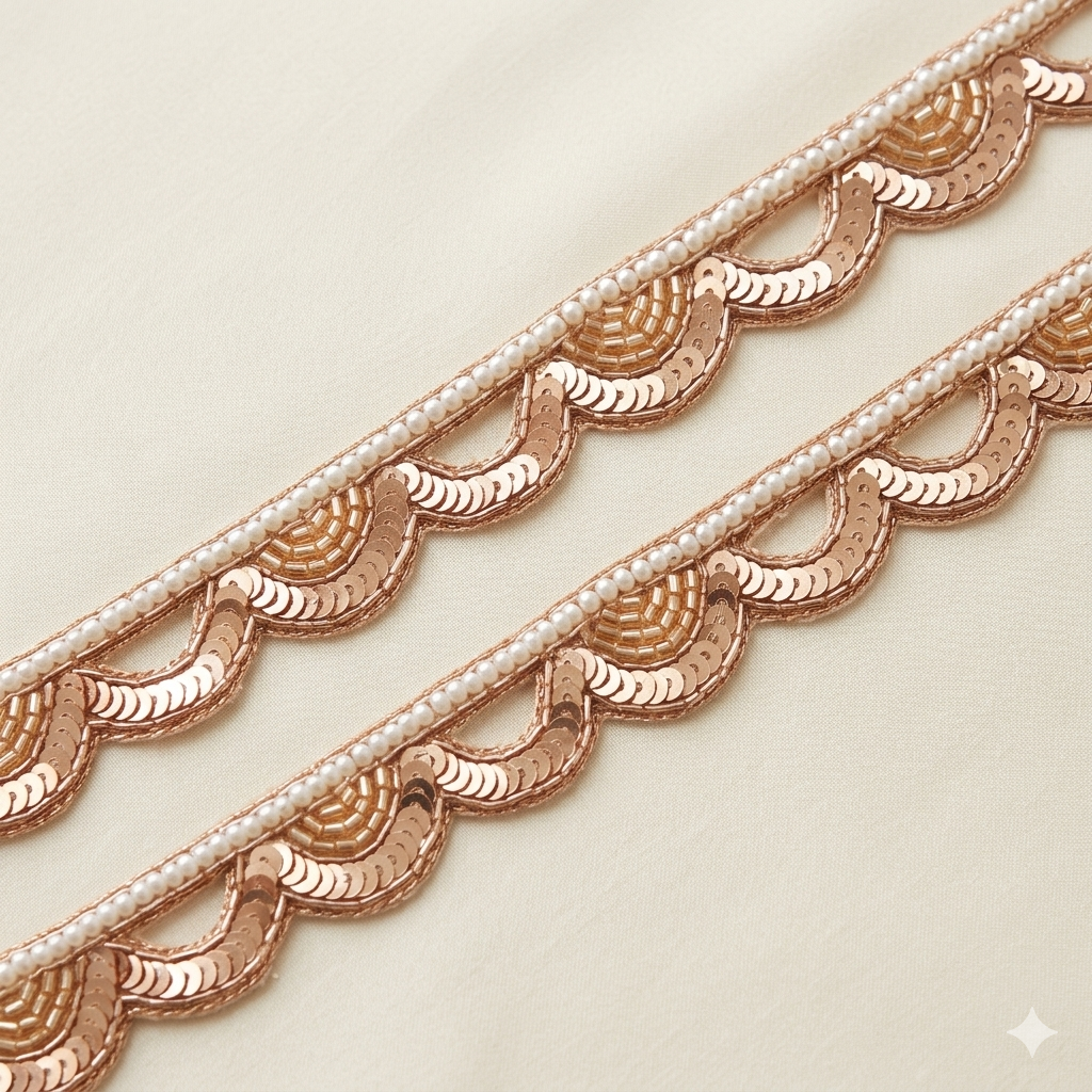 Handcrafted Scalloped Sequin & Pearl Lace Border Trim for Ethnic and Bridal Wear