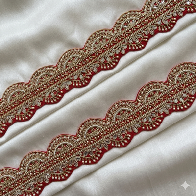 Red Scalloped Floral Embroidered Pearl & Sequin Lace Border Trim