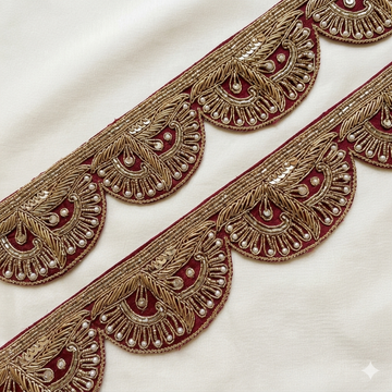 Maroon Scalloped Handcrafted Pearl & Sequin Embroidered Lace Border Trim