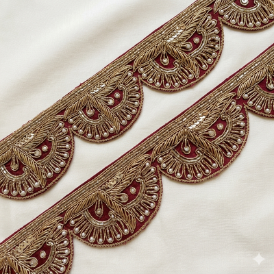 Maroon Scalloped Handcrafted Pearl & Sequin Embroidered Lace Border Trim