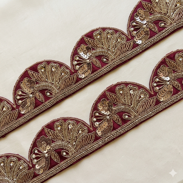 Maroon Scalloped Handcrafted Sequin & Thread Embroidered Lace Border Trim