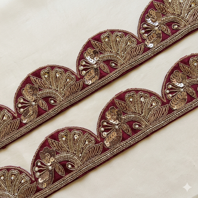 Maroon Scalloped Handcrafted Sequin & Thread Embroidered Lace Border Trim