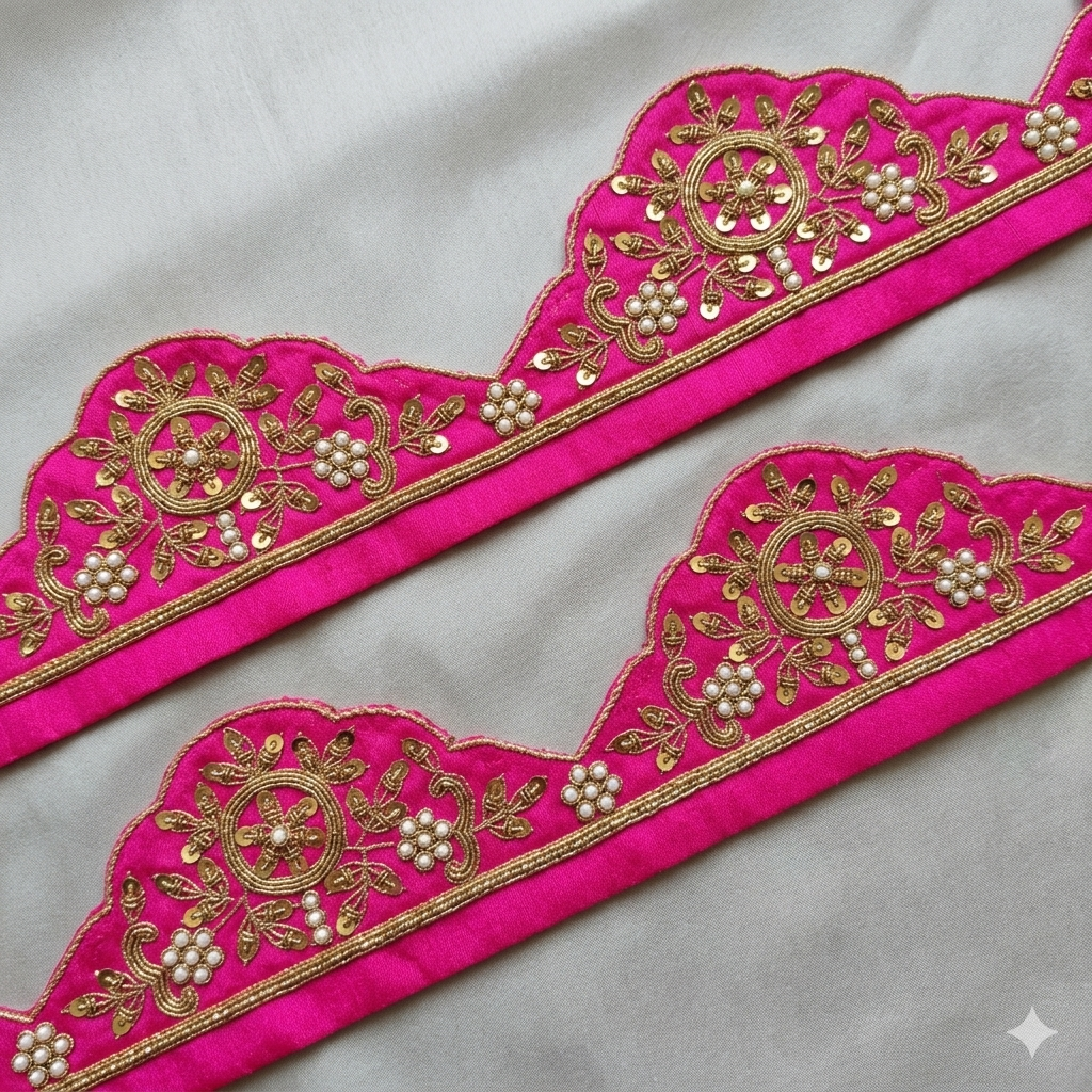 Pink Scalloped Handcrafted Zardozi Sequin & Pearl Lace