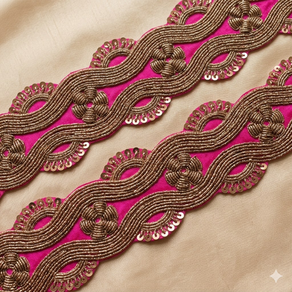Pink Handcrafted Cord Embroidered Sequin Lace Border Trim