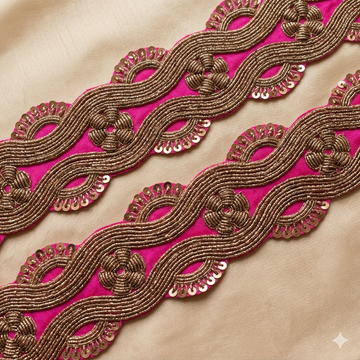 Pink Handcrafted Cord Embroidered Sequin Lace Border Trim