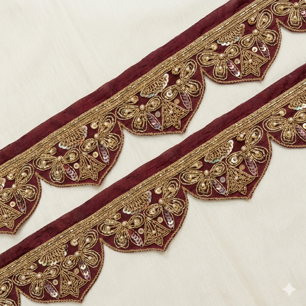 Maroon Handcrafted Embroidered Sequin & Pearl Scalloped Lace Border