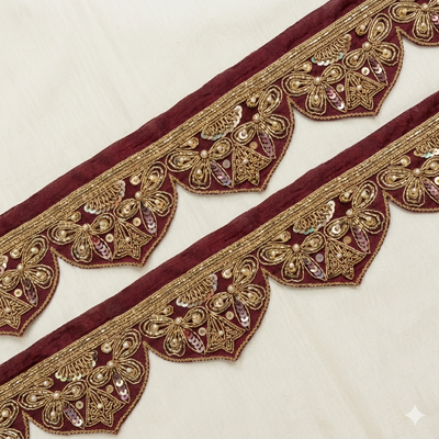 Maroon Handcrafted Embroidered Sequin & Pearl Scalloped Lace Border