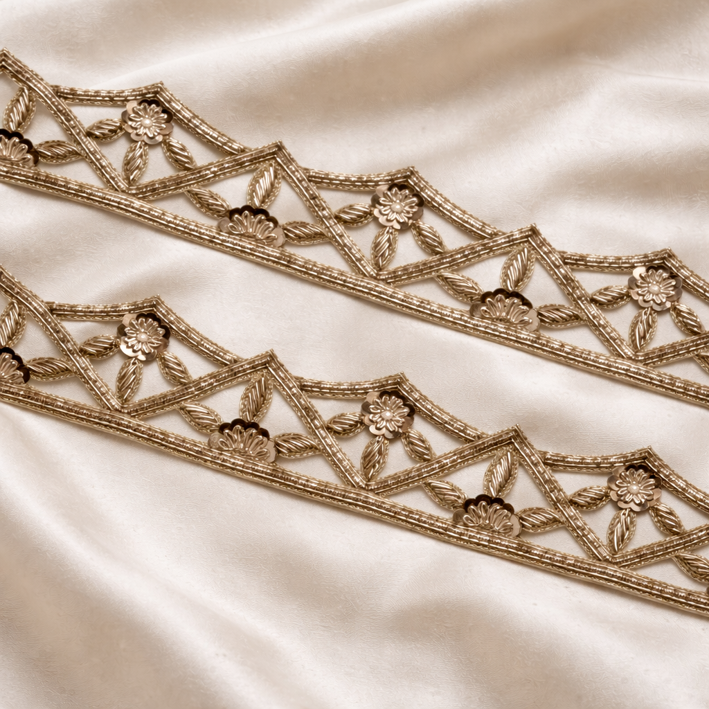 Gold Geometric Floral Embroidered Lace Border Trim
