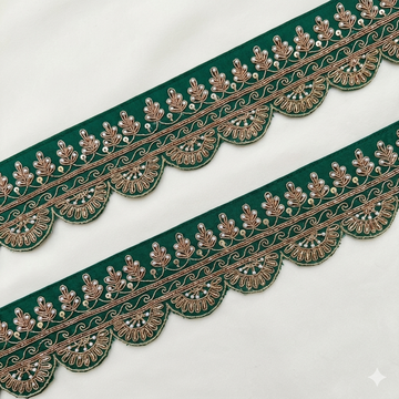 Green Scalloped Floral Embroidered Lace Border Trim with Pearl & Sequin Detailing