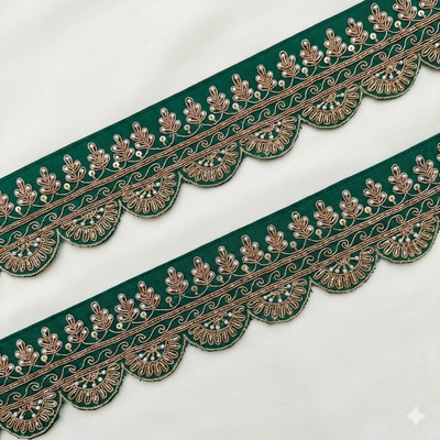 Green Scalloped Floral Embroidered Lace Border Trim with Pearl & Sequin Detailing
