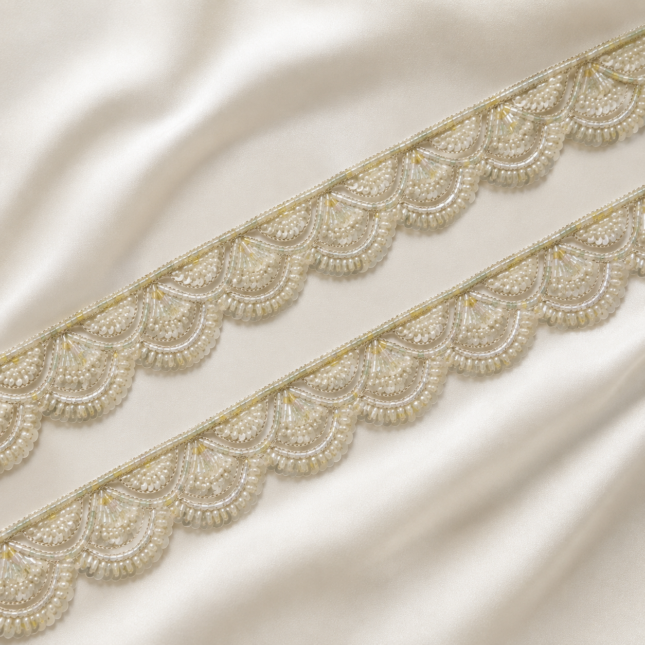 Handcrafted Scalloped Beaded Lace Trim for Bridal & Designer Wear