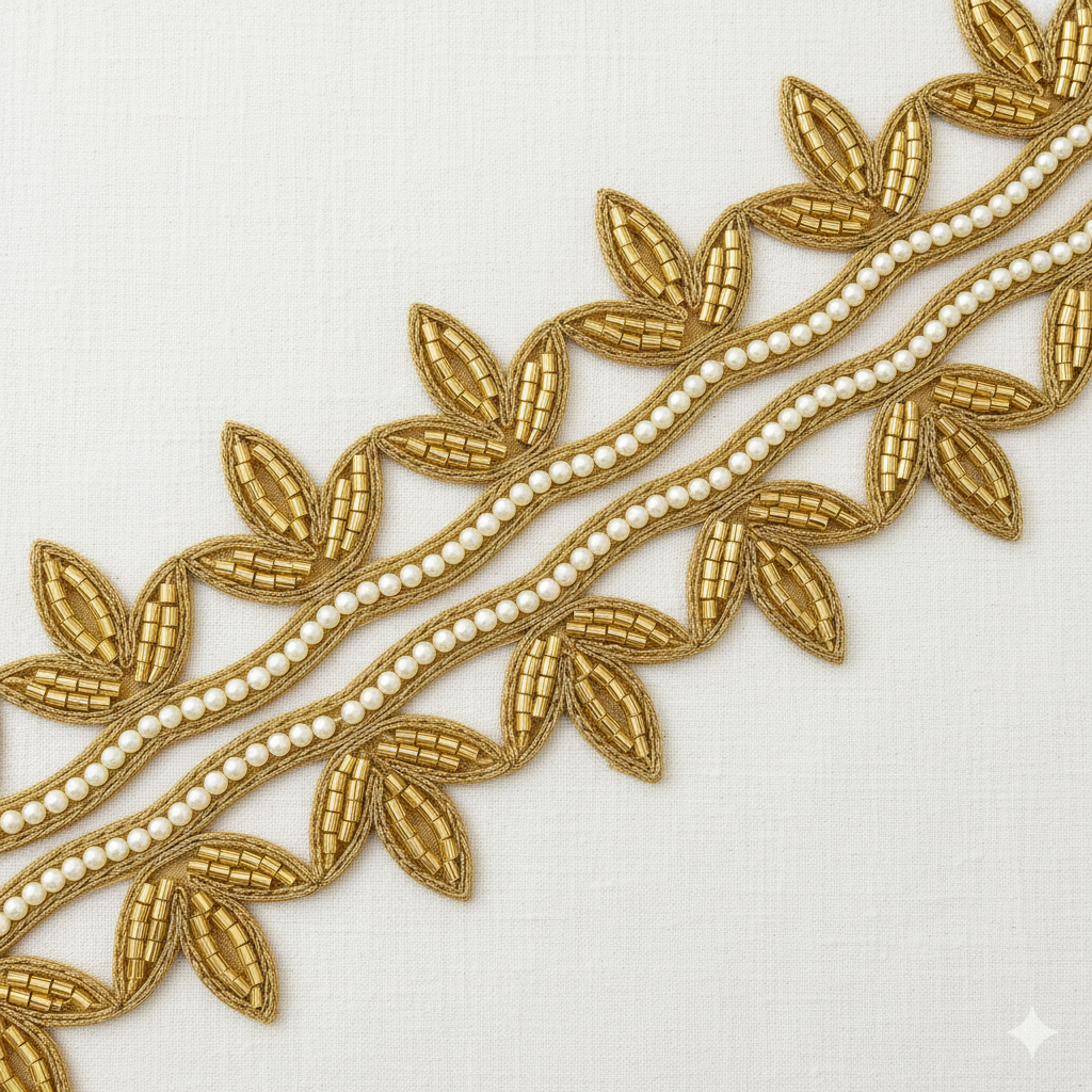 Scalloped Pearl Beaded Leaf Lace Trim – Handcrafted Designer Border