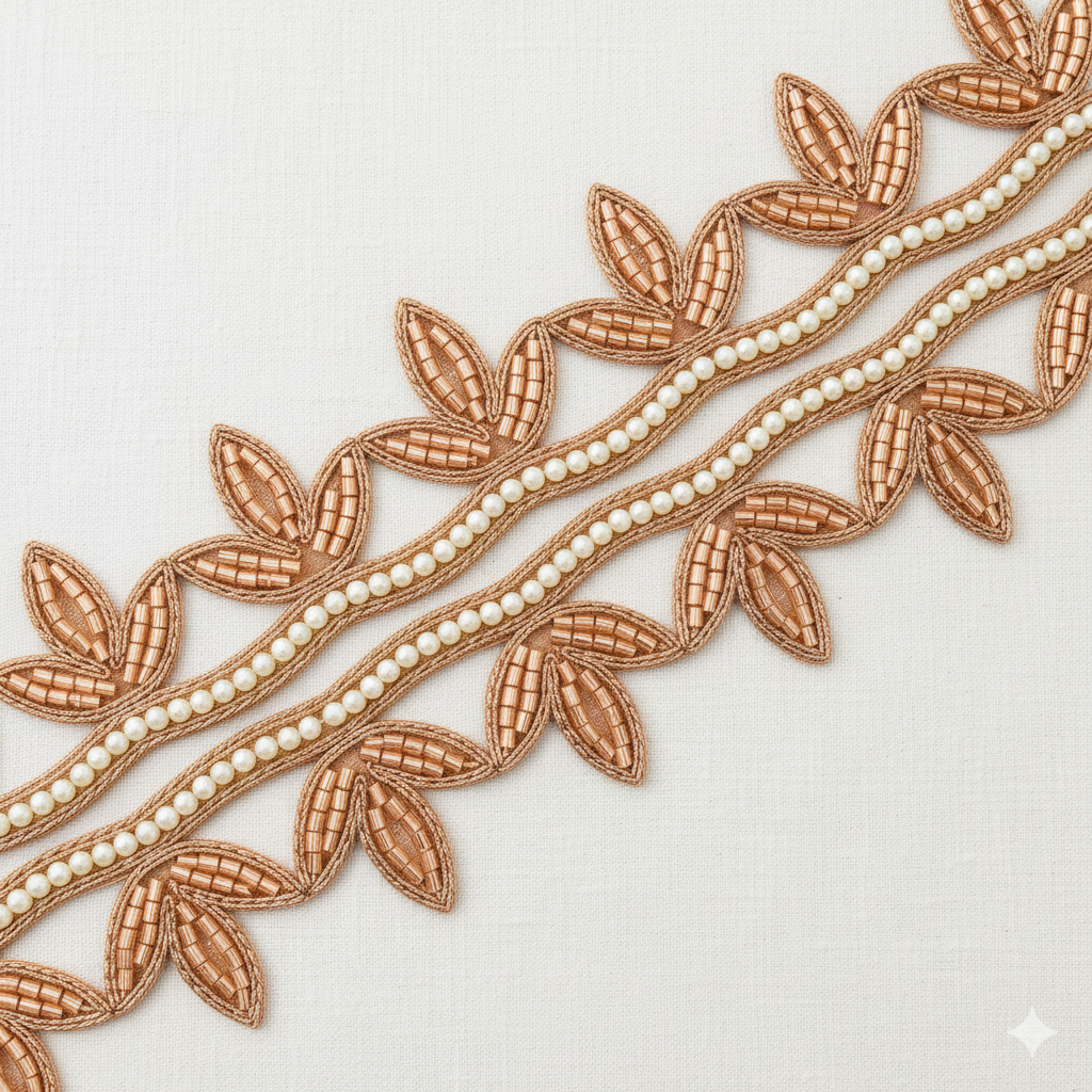 Scalloped Pearl Beaded Leaf Lace Trim – Handcrafted Designer Border